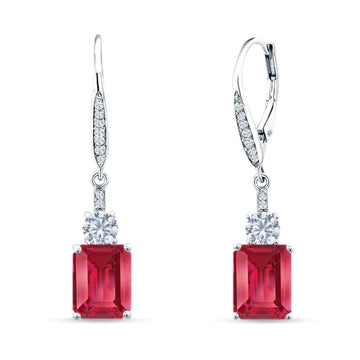 Emerald Cut Oblong Drop Dangle Leverback Earring Ruby CZ 925 Sterling Silver